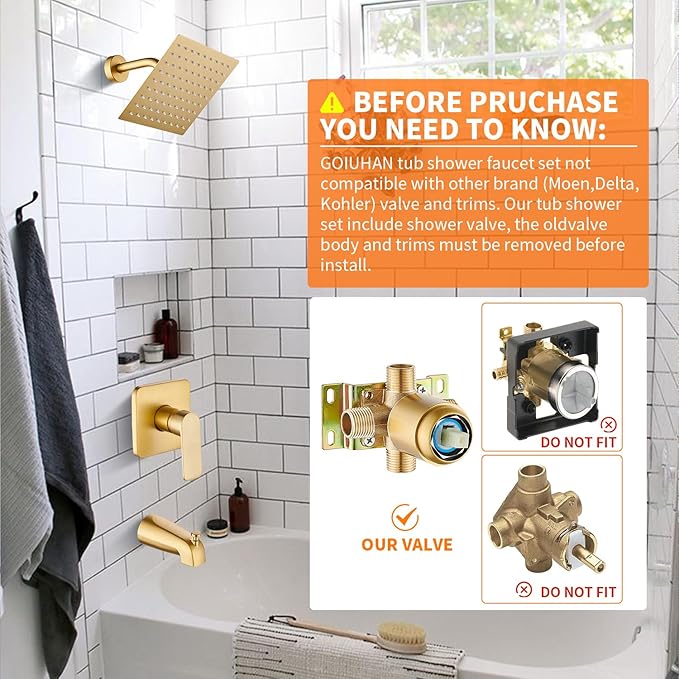 Brushed Gold Tub Shower Faucet Set Complete with 8-Inch Rainfall Shower Head and Tub Spout Included Shower Valve Tub Shower Trim Kit Matte Black