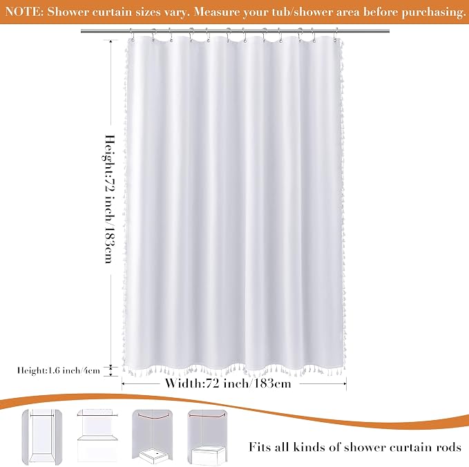 White Boho Linen Shower Curtain 72 Inch Long Solid White Weighted Tassel Fabric Bath Curtain Set with Hooks Neutral Rustic Farmhouse Aesthetic Faux Linen Shower Curtain for Bathroom 72x72