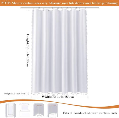 White Boho Linen Shower Curtain 72 Inch Long Solid White Weighted Tassel Fabric Bath Curtain Set with Hooks Neutral Rustic Farmhouse Aesthetic Faux Linen Shower Curtain for Bathroom 72x72