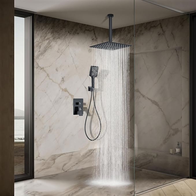 Rain Shower System 12IN Modern Brass Faucet Set With Valve and Diverter Shower Mixer With Handheld High Pressure Square Rainfall Shower Valve (12'' Ceiling Mount, Matte Black)
