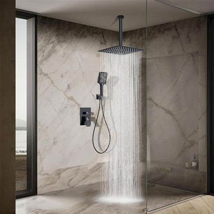 Rain Shower System 12IN Modern Brass Faucet Set With Valve and Diverter Shower Mixer With Handheld High Pressure Square Rainfall Shower Valve (12'' Ceiling Mount, Matte Black)