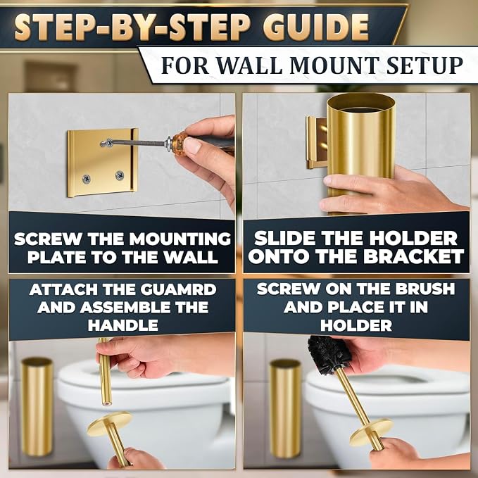 Gold Toilet Brush and Holder Set, Stainless Steel (Wall Mounted) | Toilet Brush with Holder Set, Splash Protection & Dense Bristles for Bathroom Cleaning, Strong Vacuum Suction and Holder