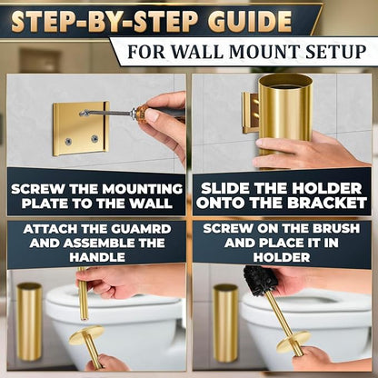 Gold Toilet Brush and Holder Set, Stainless Steel (Wall Mounted) | Toilet Brush with Holder Set, Splash Protection & Dense Bristles for Bathroom Cleaning, Strong Vacuum Suction and Holder