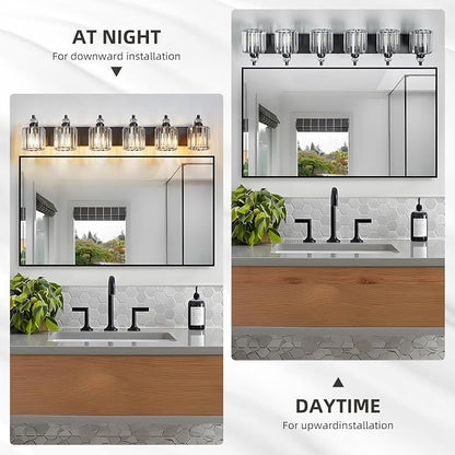 6-Light Black Bathroom Light Fixtures Over Mirror Modern Vanity Lights Crystal Wall Sconce Vintage Bathroom Lighting with Crystal Shade E26 Base for Bedroom, Living Room, Hallway