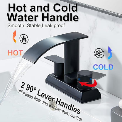 IKEBANA Modern 2 Handle Waterfall Bathroom Faucet, Matte Black, Stainless Steel, Lead-Free, 4 inches Centerset, Includes Pop Up Drain and Supply Hoses