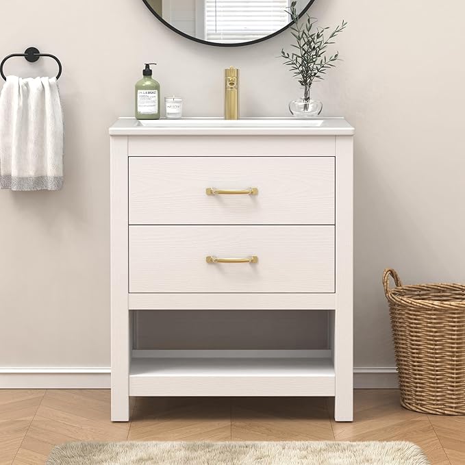 Bathroom Vanity with Sink 24 Inch, Modern Bathroom Cabinet Set with LED Light for Small Space, 2 Soft-Close Drawers with Organizer, Deep and Sloped Single Sink, Easy Assembly, White