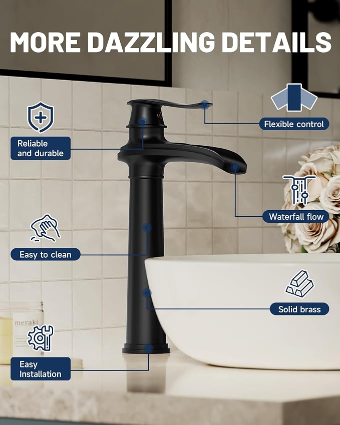 Matte Black Vessel Sink Faucet Brass Waterfall Bathroom Faucet Single Hole | with Pop Up Drain Assembly and Supply Hoses, Single Handle Tall Bathroom Faucets Lavatory Vanity Mixer Tap by BATHLAVISH