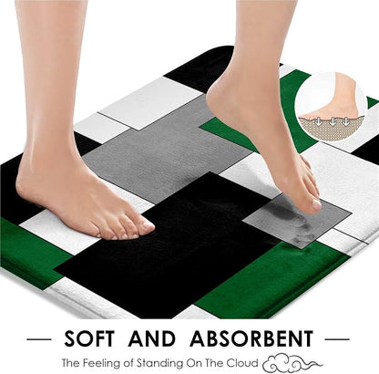 Bathroom Sets with Shower Curtain and Rugs, 4 Pcs, Geometric Green | Checkered Abstract Bathroom Decor Set with Toilet Lid Cover, Non-Slip Bath Mats and Accessories 12 Hooks