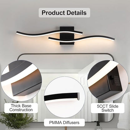 Black Curved Bathroom Vanity Light Fixture Over Mirror, 31.5 inch Modern LED Wall Lamp 5CCT Dimmable Bathroom Light Fixture Modern Vanity Lighting Wall Sconces