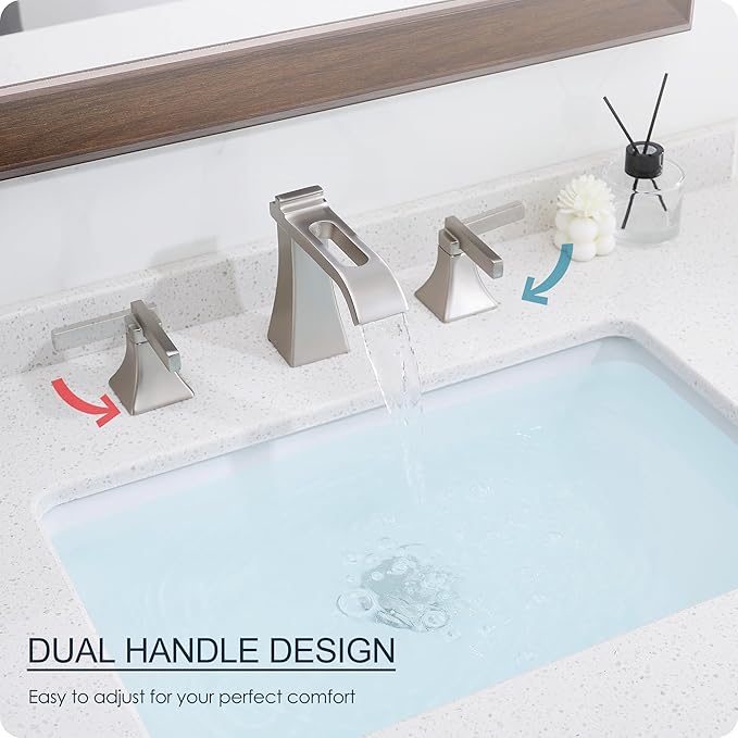 Brushed Nickel Bathroom Faucet 3 Hole, Brass Waterfall 8 Inch Widespread Bathroom Sink Faucet with Pop-Up Drain, cUPC Supply Hoses, 2 Handles for Vanity, Restroom, Modern Hollowed Design