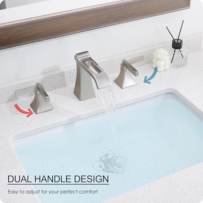 Brushed Nickel Bathroom Faucet 3 Hole, Brass Waterfall 8 Inch Widespread Bathroom Sink Faucet with Pop-Up Drain, cUPC Supply Hoses, 2 Handles for Vanity, Restroom, Modern Hollowed Design