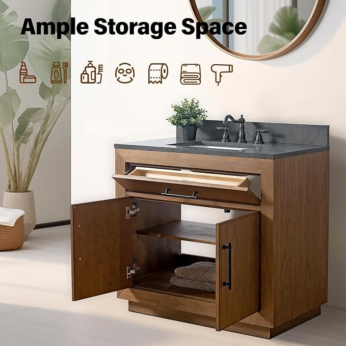 Vanity Art 36 inch Bathroom Vanity with Single Sink, Modern Wood Bath Vanity with Black Marble Top, Vanity Cabinet with Doors, Removable Shelf, Solid Wood Frame, Ceramic Sink, Tan VA7036B