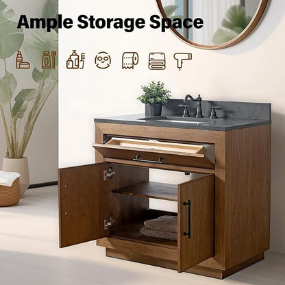 Vanity Art 36 inch Bathroom Vanity with Single Sink, Modern Wood Bath Vanity with Black Marble Top, Vanity Cabinet with Doors, Removable Shelf, Solid Wood Frame, Ceramic Sink, Tan VA7036B