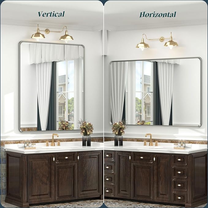 OKPAL Brushed Nickel Mirror 24 x 36 Silver Bathroom Mirror, Rounded Rectangle Silver Vanity Mirror with Brushed Metal Frame, HD Anti-Rust Wall Mirror(Horizontal/Vertical)