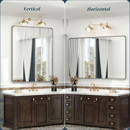 OKPAL 20 x 24 Inch Brushed Nickel Bathroom Mirrors, Rounded Rectangle Silver Bathroom Vanity Mirror, Beveled Framed Mirror for Wall, HD Glass, Anti-Rust Aluminum Alloy Mirror