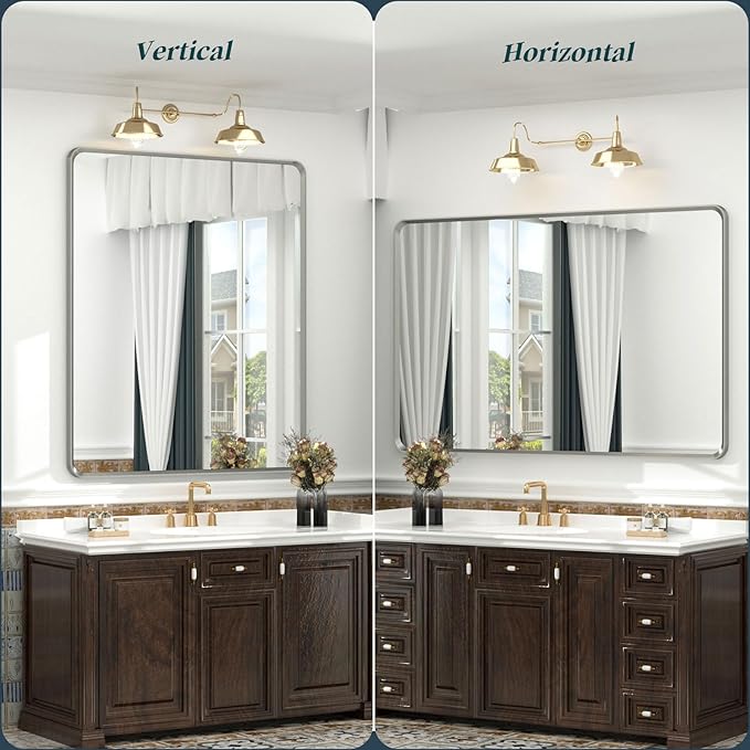 OKPAL 16 x 24 Inch Silver Bathroom Mirror, Rounded Rectangle Silver Vanity Mirror, Beveled Brushed Nickel Framed Mirror for Wall, HD Glass, Anti-Rust Aluminum Alloy Mirror