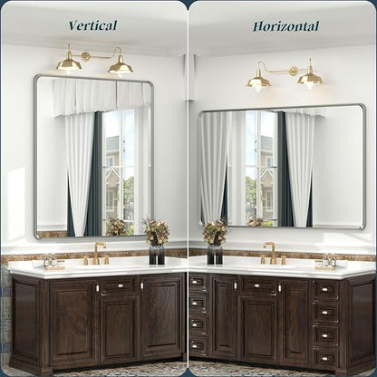 OKPAL 28 x 32 Silver Framed Mirror, Brushed Nickel Bathroom Mirror for Wall, Modern Rounded Rectangle Mirror, Brushed Silver Vanity Mirror, Anti-Rust, HD Glass (Horizontal/Vertical)