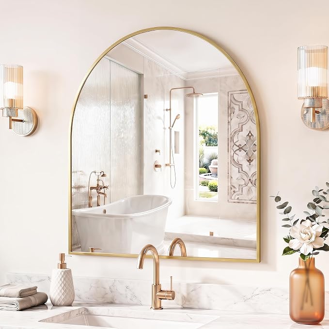 Sweetcrispy 31"x32" Arched Bathroom Mirror, Bathroom Mirrors for Over Sink | Modern Wall Mirrors Arch Decorative for Entryway, Bedroom, Vanity,Horizontal or Vertical Hanging, Gold