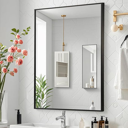 Black Bathroom Mirror, 22"x30" Rectangle Mirror, Matte Black Mirror, Metal Frame Square Corner Vanity Mirror, Wall Mounted Mirror for Modern, Living Room, Bedroom, Horizontal Or Vertical