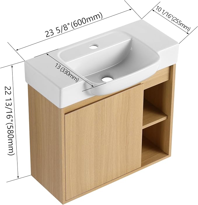 24" Bathroom Vanity with Sink, Wall-Mounted Cabinet, Light Oak | Ceramic Sink, Soft-Close Door & 2 Open Storage Shelves, Modern Farmhouse Sink Cabinet, Easy to Clean for Small Bathroom