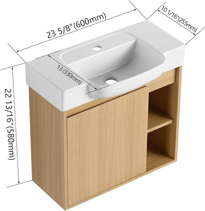 24" Bathroom Vanity with Sink, Wall-Mounted Cabinet, Light Oak | Ceramic Sink, Soft-Close Door & 2 Open Storage Shelves, Modern Farmhouse Sink Cabinet, Easy to Clean for Small Bathroom
