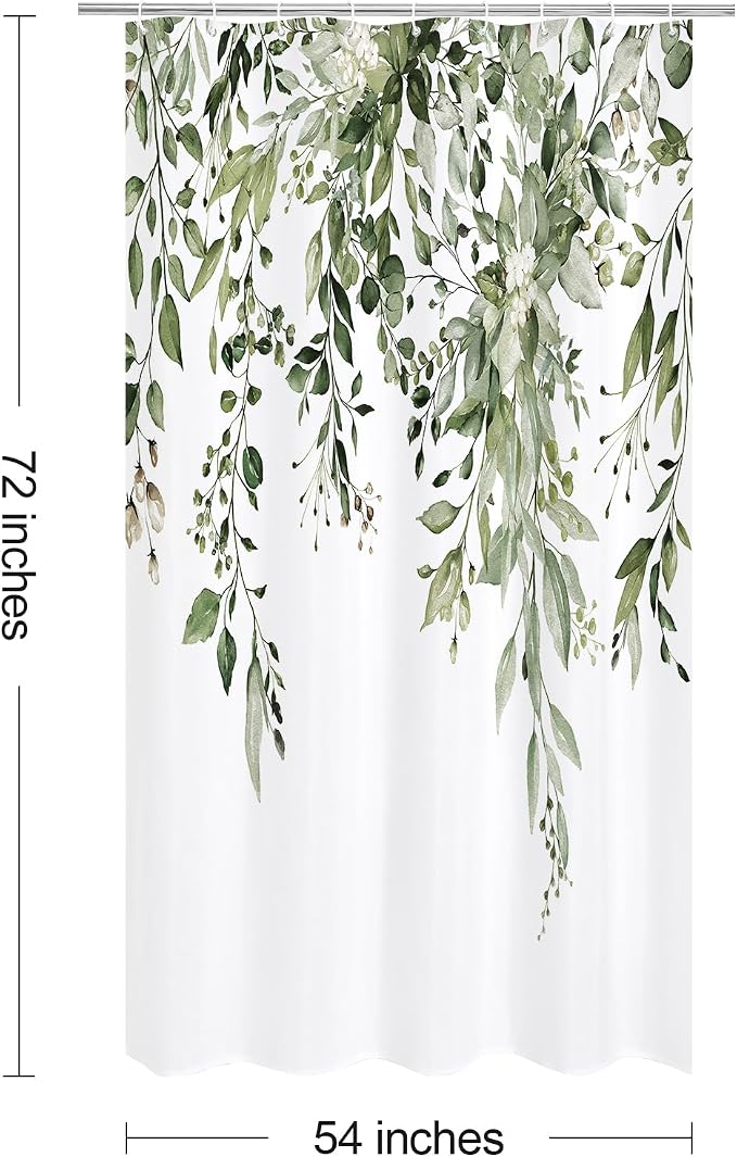 Olive Green Eucalyptus Shower Curtain, Floral Print, 54x72 | Watercolor Plant Leaves Floral Print, Stall Waterproof Fabric Bathroom Decor, Machine Washable, Rustproof Grommets