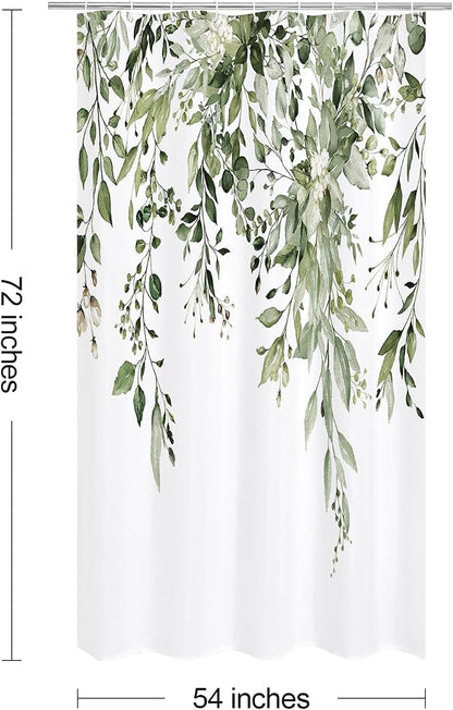 Olive Green Eucalyptus Shower Curtain, Floral Print, 54x72 | Watercolor Plant Leaves Floral Print, Stall Waterproof Fabric Bathroom Decor, Machine Washable, Rustproof Grommets