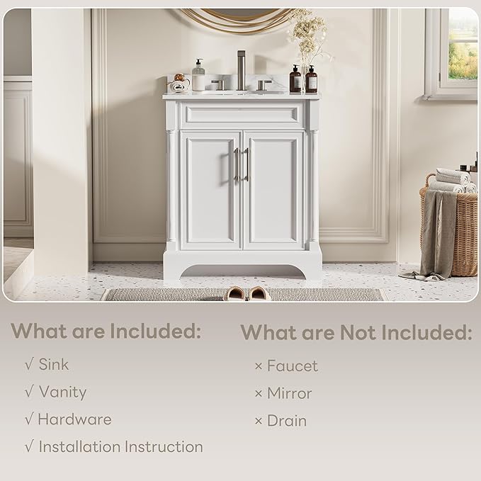 LIKIMIO 30" Bathroom Vanity with Sink, Freestanding Bathroom Vanity with 2 Soft-Close Doors, Engineered Stone Countertop & Undermount Ceramic Sink, Transitional Bathroom Vanity, Easy Assembly, White