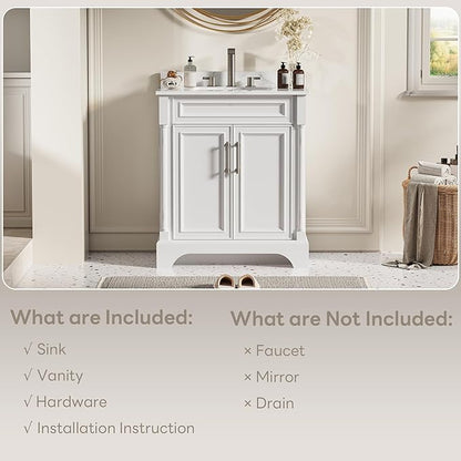 LIKIMIO 30" Bathroom Vanity with Sink, Freestanding Bathroom Vanity with 2 Soft-Close Doors, Engineered Stone Countertop & Undermount Ceramic Sink, Transitional Bathroom Vanity, Easy Assembly, White