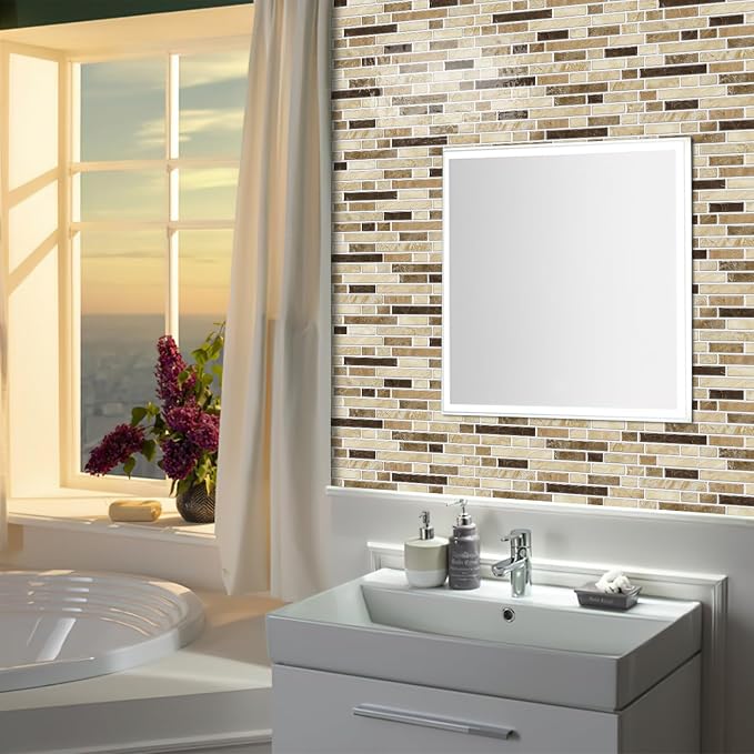Alwayspon 10 Sheets 12" x12inch Brown Marble Effect Vinyl Tiles, Backsplash, Self-Adhesive Peel and Stick Wall Tile Stickers, Stick on Subway Tiles for Kitchen Bathroom Wall Decor