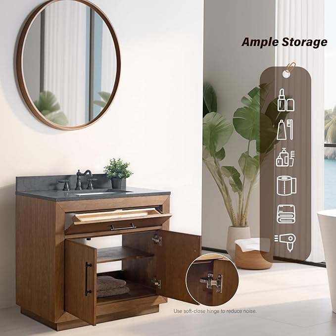HOMEBEYOND 36" Bathroom Vanity with Single Sink & Ceramic Top, MDF Material Vanity Cabinet with Basin Combo, Soft-Closing Doors, Removable Shelf, Backsplash, Tan