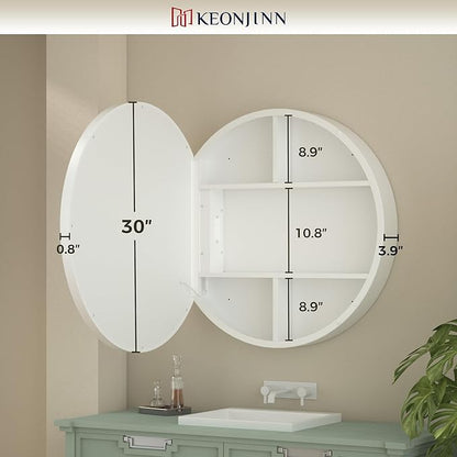 Keonjinn 30 Inch Round Lighted Medicine Cabinet, White LED Medicine Cabinet Mirror, Circle, Electrical Outlet, 3 Color Lights, Anti-Fog, Dimmable, Surface Mount Only