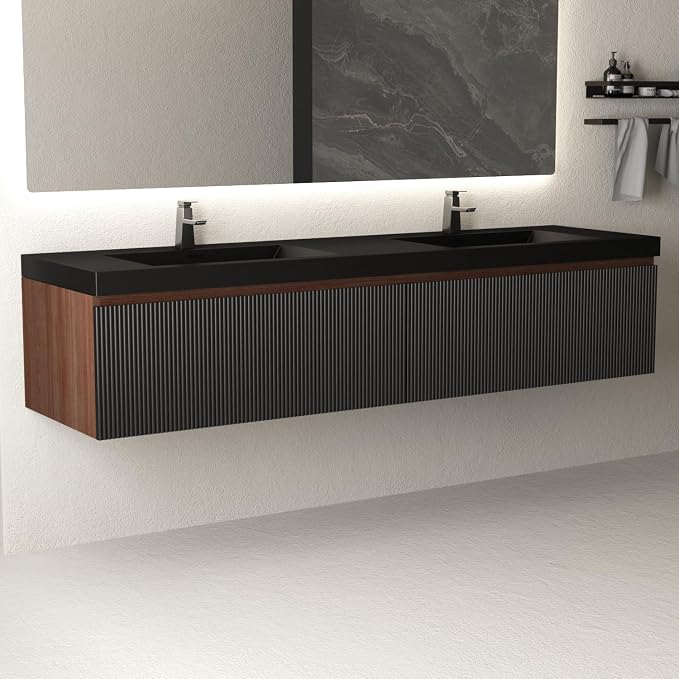 72 Inch Floating Bathroom Vanity with Double Sinks, Wall Mounted Striped Storage Cabinet, Soft Close Drawer, Black Quartz Sand Basin, Fully Assembled, Smoked Walnut Finish