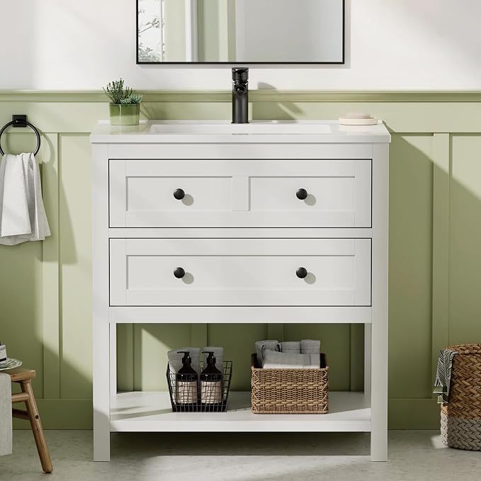 30 Inch Bathroom Vanity with Sink, White | Farmhouse Storage Cabinet with SMC Integrated Sink, Drawers & Open Storage Shelf, Easy Assembly & Adjustable Feet