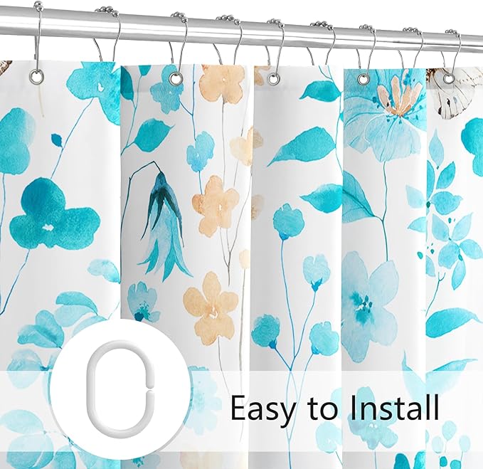 Aqua Blue Floral Shower Curtain, Cute Flower Fabric Shower Curtains for Bathroom, Teal Watercolor Wildflower Butterfly Cloth Shower Curtain Set with Hooks, 72x72