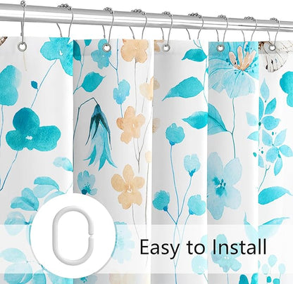 Aqua Blue Floral Shower Curtain, Cute Flower Fabric Shower Curtains for Bathroom, Teal Watercolor Wildflower Butterfly Cloth Shower Curtain Set with Hooks, 72x72