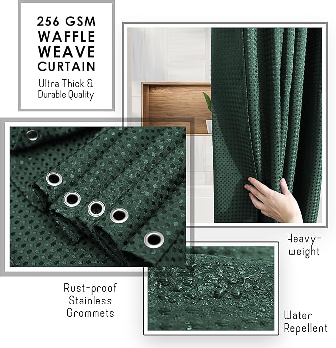 Clara Clark Hunter Green Shower Curtain - Hotel Quality Waffle Fabric Bath Curtain 72x72, Heavy Duty Waterproof Shower Curtains for Bathroom