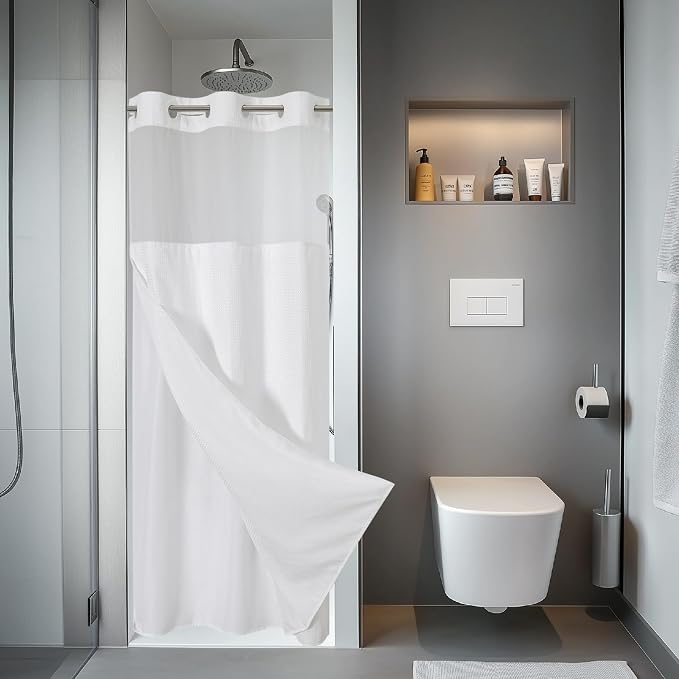 eachope No Hook Waffle Shower Curtain with Snap-in Liner, 36x74 Inch, White | 230GSM waffle weave fabric, waterproof liner set with 2 bottom magnets, mesh window, washable, for shower stalls or bathrooms