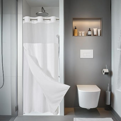 eachope No Hook Waffle Shower Curtain with Snap-in Liner, 36x74 Inch, White | 230GSM waffle weave fabric, waterproof liner set with 2 bottom magnets, mesh window, washable, for shower stalls or bathrooms