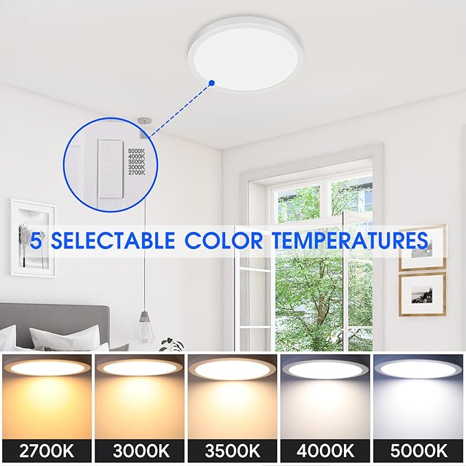 Energetic 5CCT Flush Mount Ceiling Light Fixtures, 26W LED Ceiling Lights for Bedroom, Kitchen, Bathroom, Hallway, 2700/3000/3500/4000/5000K, Super Slim, 11 Inch, White, 3 Pack
