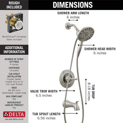 Delta Faucet Arvo 14 Series Single-Handle Tub and Shower Trim Kit, Shower Faucet with 4-Spray In2ition 2-in-1 Dual Hand Held Shower Head with Hose, Spotshield Stainless 144840-SP-I (Valve Included)