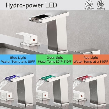 LED Bathroom Faucet 3 Hole, Brushed Nickel Waterfall Bathroom Faucets, 8 Inch Widespread Modern Bathroom Sink Faucet & Parts, Wide Spread Touch On Three Hole 2 Handle Bathroom Vanity Faucet