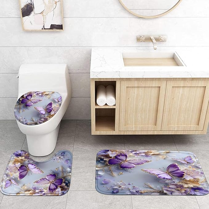 Chrainy 4pcs Purple Butterfly Shower Cutain Set Bathroom Decor with Rugs | Floral Bath Accessories with Waterproof Curtain, Bath Mat, Toilet Lid Cover, U-Shaped Rug and 12 Hooks for Washroom, 71*71in