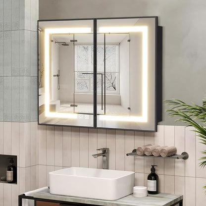 ROOMTEC 40 x 32 Inch Medicine Cabinet Mirror with LED Lights, Black Bathroom Medicine Cabinet with Mirror and Storage, Recessed or Wall Mount, 3 Color Temperature, Dimmable Light