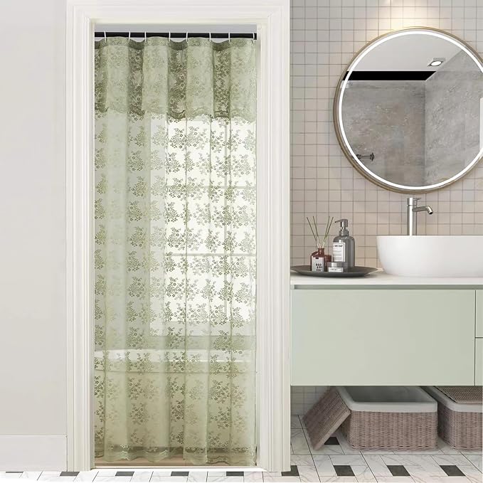 Sage Green Lace Shower Curtain 36x72, Boho for Narrow Stalls and RVs | Attached Valance, Scalloped Floral Lace, Let in Soft Light for Boho Cottagecore Spring and Summer Small Bathrooms