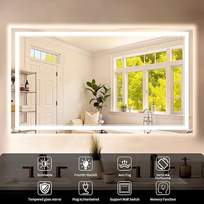 40"x60" LED Bathroom Mirror with Lights, Anti-Fog, Backlit + Front Lit, Dimmable, Led Vanity Mirror for Wall, Lighted Bathroom Mirror, 5 Colors, Shatter-Proof Tempered Glass