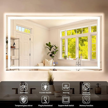 40"x60" LED Bathroom Mirror with Lights, Anti-Fog, Backlit + Front Lit, Dimmable, Led Vanity Mirror for Wall, Lighted Bathroom Mirror, 5 Colors, Shatter-Proof Tempered Glass