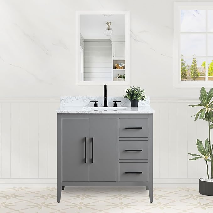 HomeBeyond 36 Inch Bathroom Vanity with Sink & Ceramic Top, Single Vanity Cabinet with Basin, Soft-Closing Doors & Matte Black Hardware, Grey