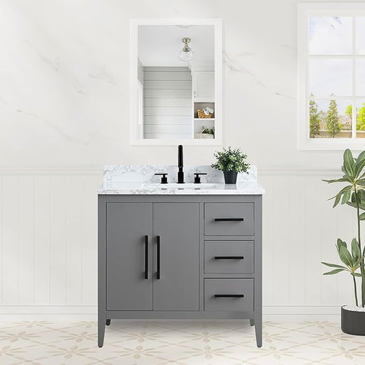 HomeBeyond 36 Inch Bathroom Vanity with Sink & Ceramic Top, Single Vanity Cabinet with Basin, Soft-Closing Doors & Matte Black Hardware, Grey