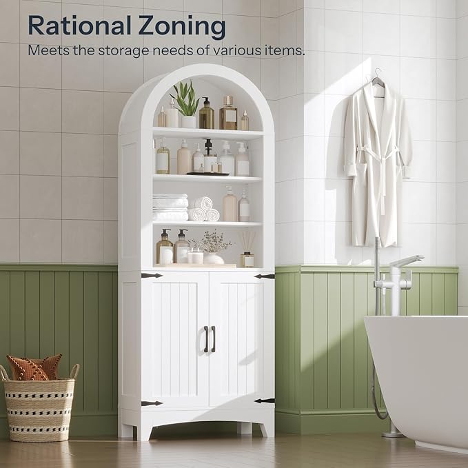 HOOBRO 67" Tall Bathroom Storage Cabinet, Arched Freestanding Floor Cabinet with 3 Adjustable Shelves and 2 Doors for Small Space, Space Saving Organizer for Bathroom, Kitchen, Living Room, White